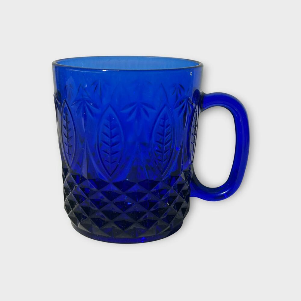 Vintage Cobalt Blue Pressed Glass Mug Diamond Point Leaf Pattern